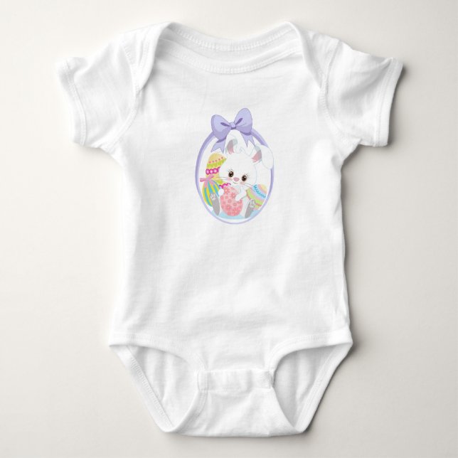 NIEDLICHER WEISSER OSTBUNNY IM OSTEREI BABY STRAMPLER (Vorderseite)