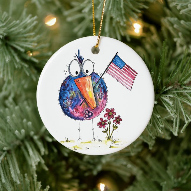 Niedlicher, weißer, patriotischer Vogel mit Fahne Keramik Ornament (Baum)