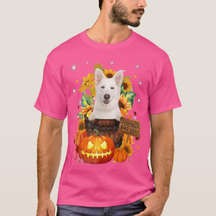 Niedlicher weißer Schäferhund in Pumkins Halloween T-Shirt