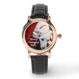 Niedlicher weißer Schneepuppenhund Weihnachten Armbanduhr
