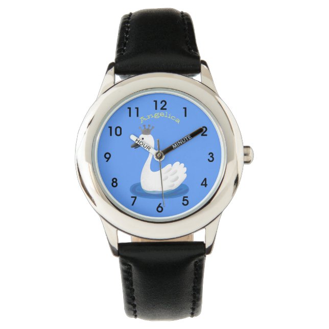 Niedlicher weißer Schwan mit KronenCartoon Armbanduhr (Vorderseite)