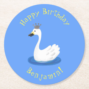 Niedlicher weißer Schwan mit KronenCartoon Runder Pappuntersetzer