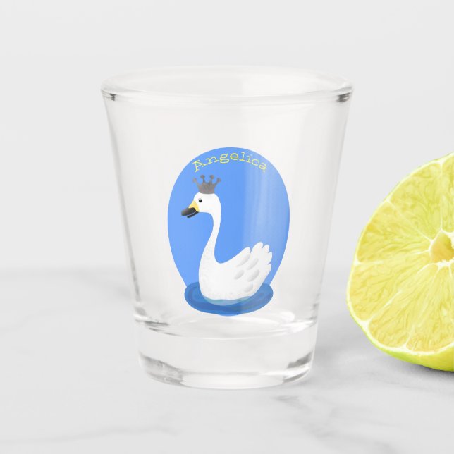 Niedlicher weißer Schwan mit KronenCartoon Schnapsglas (Vorderseite)
