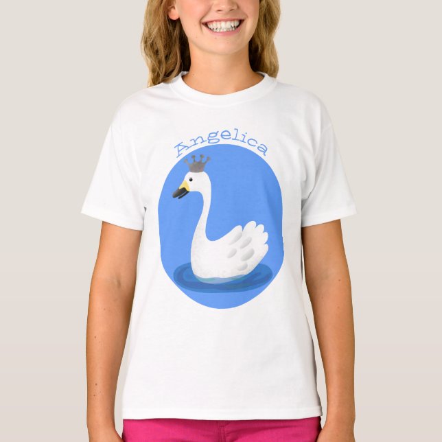 Niedlicher weißer Schwan mit KronenCartoon T-Shirt (Vorderseite)