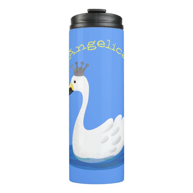 Niedlicher weißer Schwan mit KronenCartoon Thermosbecher (Vorderseite)