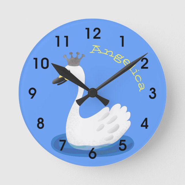 Niedlicher weißer Schwanz mit KronenCartoon Runde Wanduhr (Vorderseite)