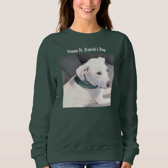 Niedlicher weißer Welpenhund mit grünem Scarf Sweatshirt (Vorderseite)