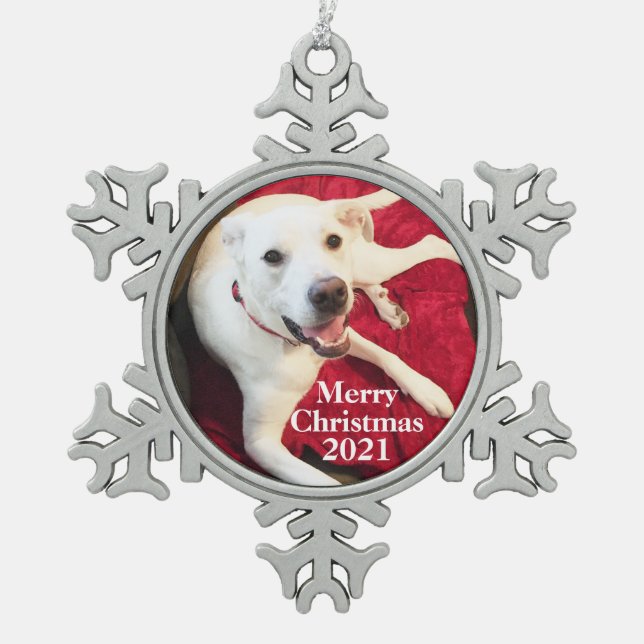 Niedlicher weißer Welpenhund Schneeflocken Zinn-Ornament (Vorderseite)