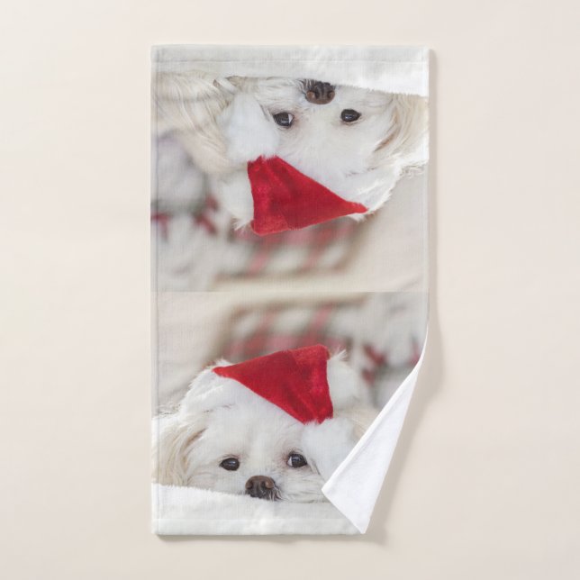 Niedlicher Weißhund in einem Red Christmas Hat Badhandtuch Set (Handtuch)