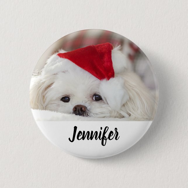 Niedlicher Weißhund in einem Red Christmas Hat Button (Vorderseite)