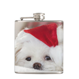 Niedlicher Weißhund in einem Red Christmas Hat Flachmann