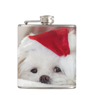 Niedlicher Weißhund in einem Red Christmas Hat Flachmann