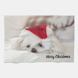 Niedlicher Weißhund in einem Red Christmas Hat Geschirrtuch