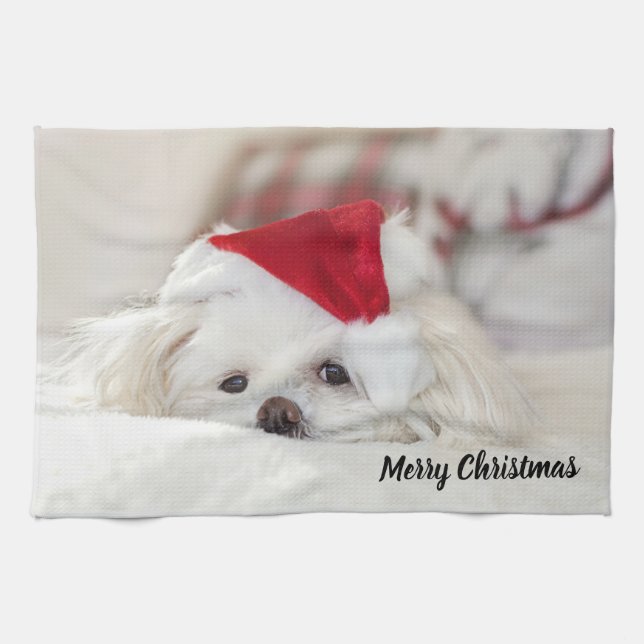 Niedlicher Weißhund in einem Red Christmas Hat Geschirrtuch (Horizontal)