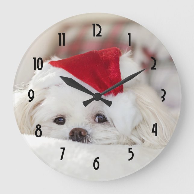 Niedlicher Weißhund in einem Red Christmas Hat Große Wanduhr (Vorderseite)
