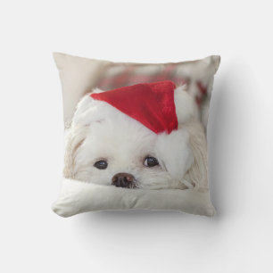 Niedlicher Weißhund in einem Red Christmas Hat Kissen