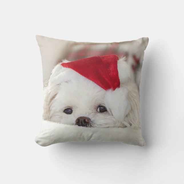 Niedlicher Weißhund in einem Red Christmas Hat Kissen (Vorderseite)