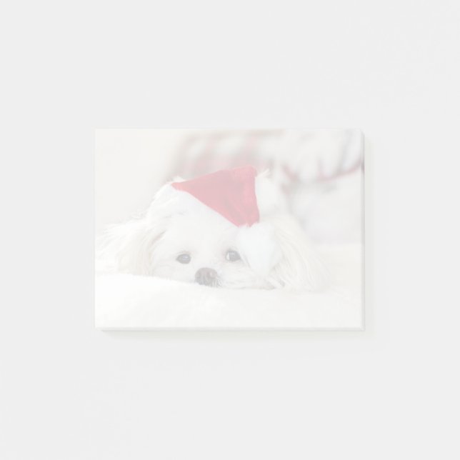 Niedlicher Weißhund in einem Red Christmas Hat Post-it Klebezettel (Vorderseite)