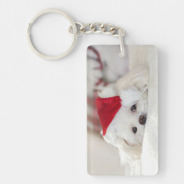 Niedlicher Weißhund in einem Red Christmas Hat Schlüsselanhänger