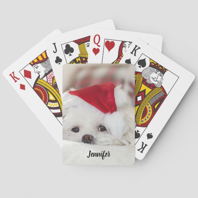 Niedlicher Weißhund in einem Red Christmas Hat Spielkarten (Rückseite)