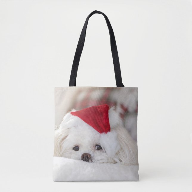 Niedlicher Weißhund in einem Red Christmas Hat Tasche (Vorderseite)