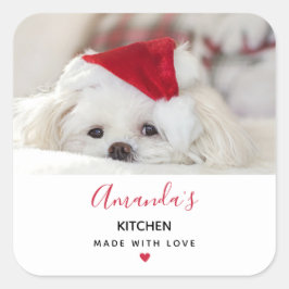Niedlicher Weißhund in einer Red Christmas Hat Kit Quadratischer Aufkleber