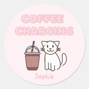 Niedlicher Weißkatzenkohl und Funny Coffee Coffein Runder Aufkleber