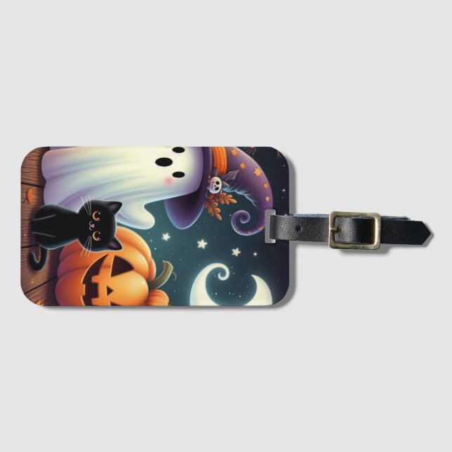 Niedlicher, weißlicher Halloween-Kürbis, Katzenkür Gepäckanhänger (Vorderseite (Horizontal))