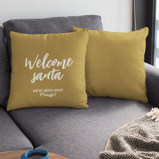 Niedlicher "Welcome Santa" Weihnachtsfeiertag Gold Kissen (Von Creator hochgeladen)