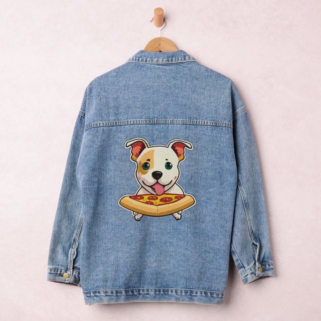 Niedlicher Welpe, der eine Pizzasur hält Jeansjacke (Hangar)