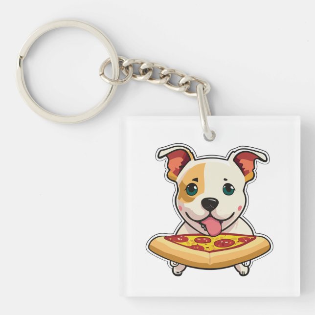 Niedlicher Welpe, der eine Pizzasur hält Schlüsselanhänger (Vorderseite)