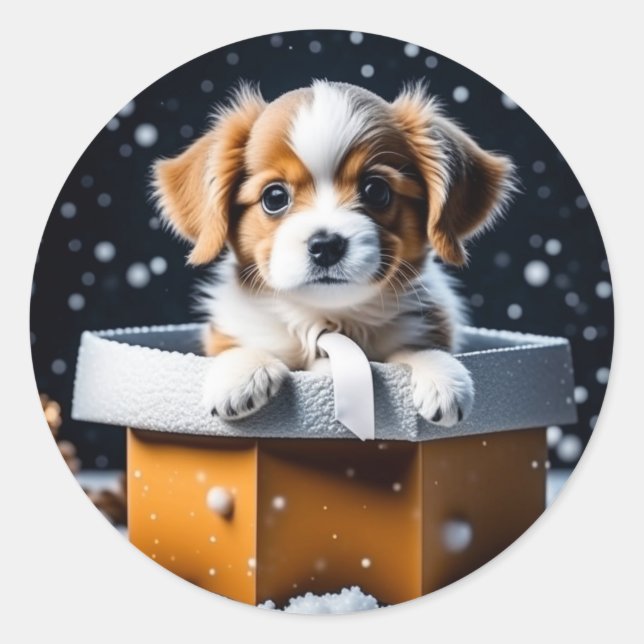 Niedlicher Welpe in der Geschenkboxen Weihnachten Runder Aufkleber (Vorderseite)