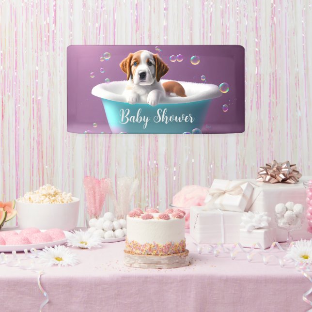 Niedlicher Welpe in einer Badewanne mit Blasen, Ba Banner (Party)