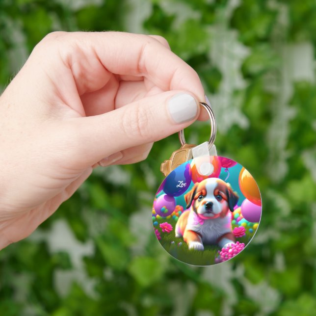 Niedlicher Welpe mit Ballons - süß Schlüsselanhänger (Hand)