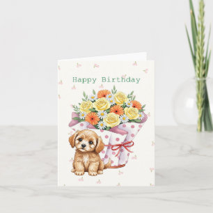 Niedlicher Welpe mit Blume Sweet Birthday Karte
