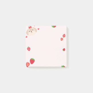 Niedlicher Welpe mit Strawberry-Post-it-klebrigen Post-it Klebezettel