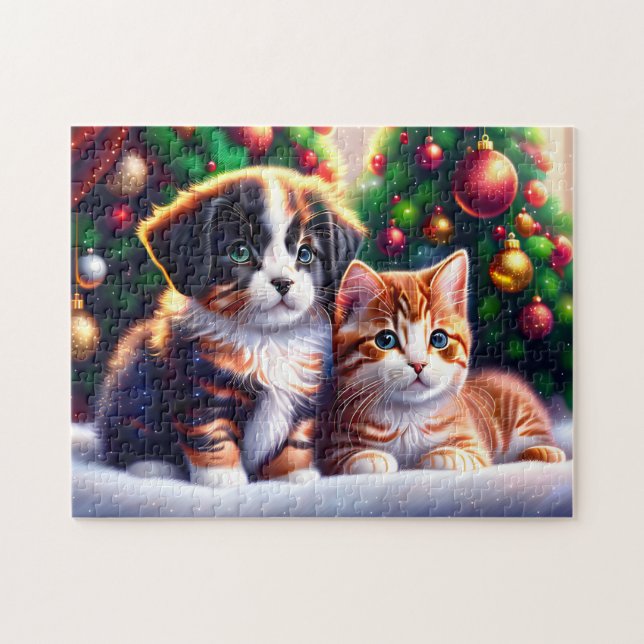 Niedlicher Welpe und Katze unter Weihnachtsbaum (Horizontal)