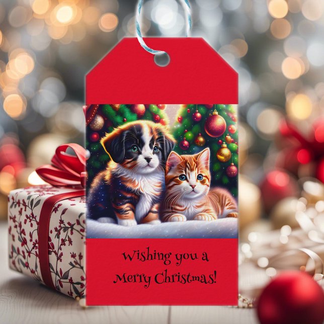 Niedlicher Welpe und Katze unter Weihnachtsbaum Geschenkanhänger (Von Creator hochgeladen)