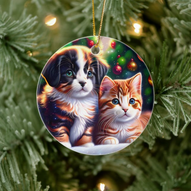 Niedlicher Welpe und Katze unter Weihnachtsbaum Keramik Ornament (Baum)
