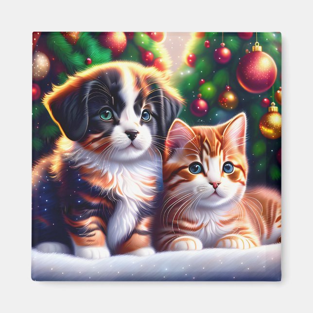 Niedlicher Welpe und Katze unter Weihnachtsbaum Magnet (Vorne)