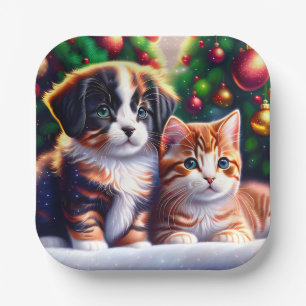 Niedlicher Welpe und Katze unter Weihnachtsbaum Pappteller