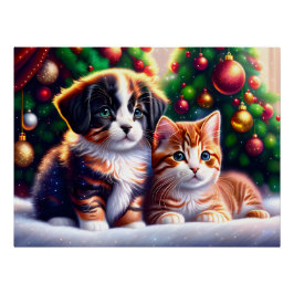 Niedlicher Welpe und Katze unter Weihnachtsbaum Poster