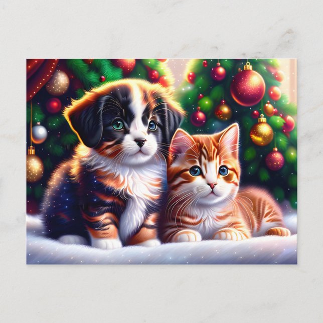 Niedlicher Welpe und Katze unter Weihnachtsbaum Postkarte (Vorderseite)