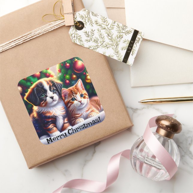 Niedlicher Welpe und Katze unter Weihnachtsbaum Quadratischer Aufkleber (Schenken)