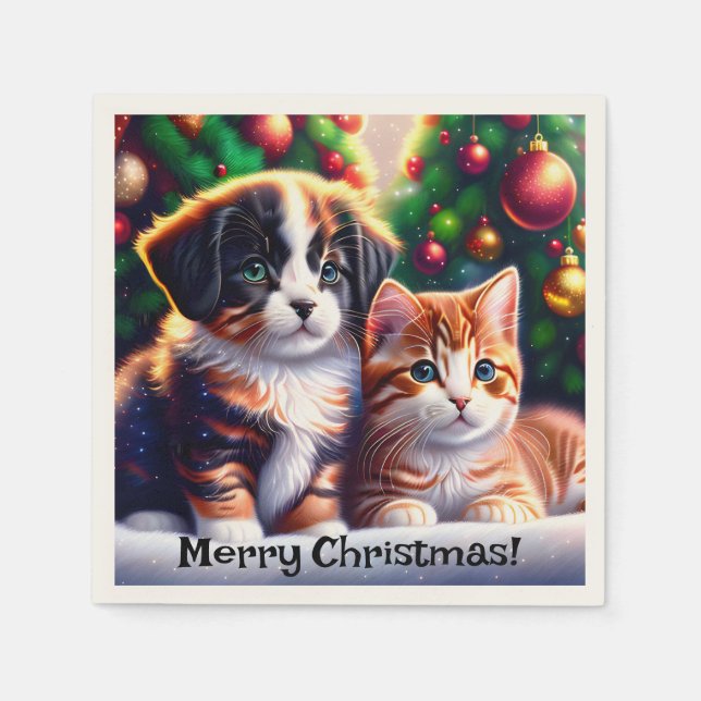 Niedlicher Welpe und Katze unter Weihnachtsbaum Serviette (Vorderseite)
