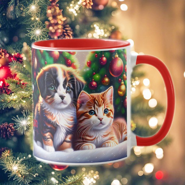 Niedlicher Welpe und Katze unter Weihnachtsbaum Tasse (Von Creator hochgeladen)