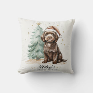 Niedlicher Welpe und Weihnachtsbaumpolster Kissen