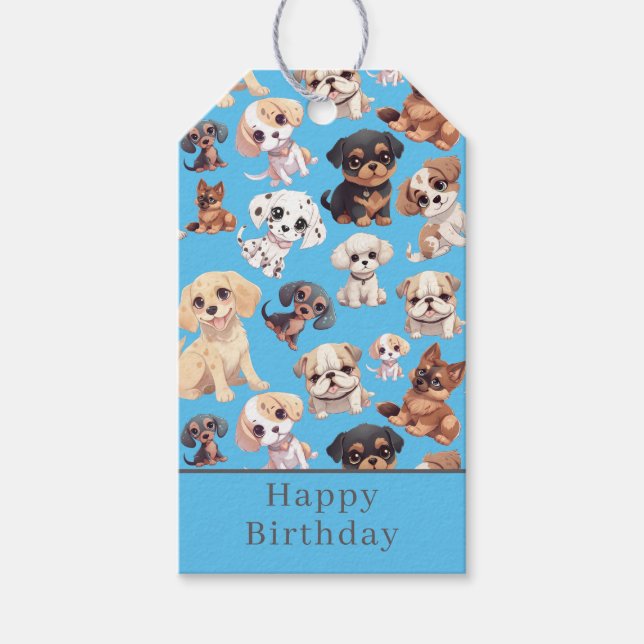 Niedlicher Welpen Happy Birthday Blue Geschenkanhänger (Vorderseite)