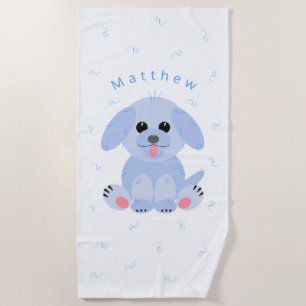 Niedlicher Welpen Hund Cartoon Blau Personalisiert Strandtuch