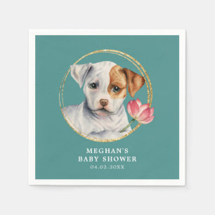 Niedlicher Welpen-Hund mit Blumen-Baby-Dusche Serviette